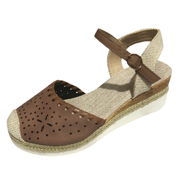 Retro Wedge Sandls for Women Hollow Out Closed Toe Platform Sandals with Buckle Strap Summer Non Slip Dressy Shoes Brown Size 8.5