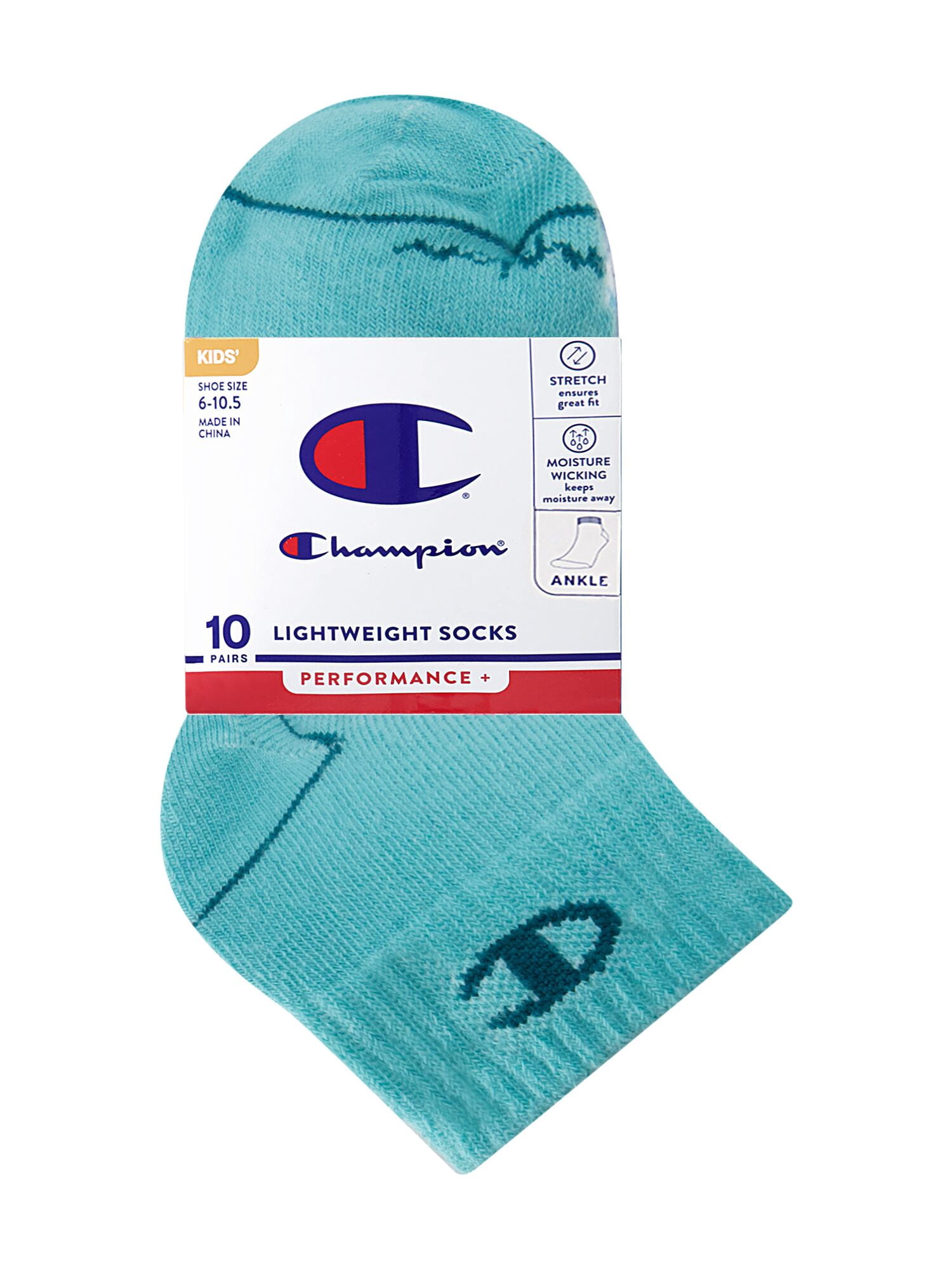 Champion Girls Lightweight Performance+ Kid Ankle Socks, 10 Pack, Sizes S–L