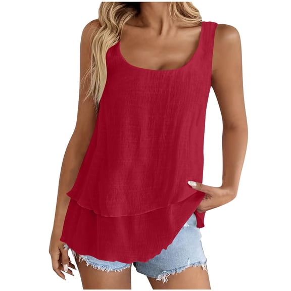 Ecqkame Women's Linen Tank Tops Double Layer Sleeveless Crew Neck Shirts Lightweight Casual Tunic Summer Tops Wine XL