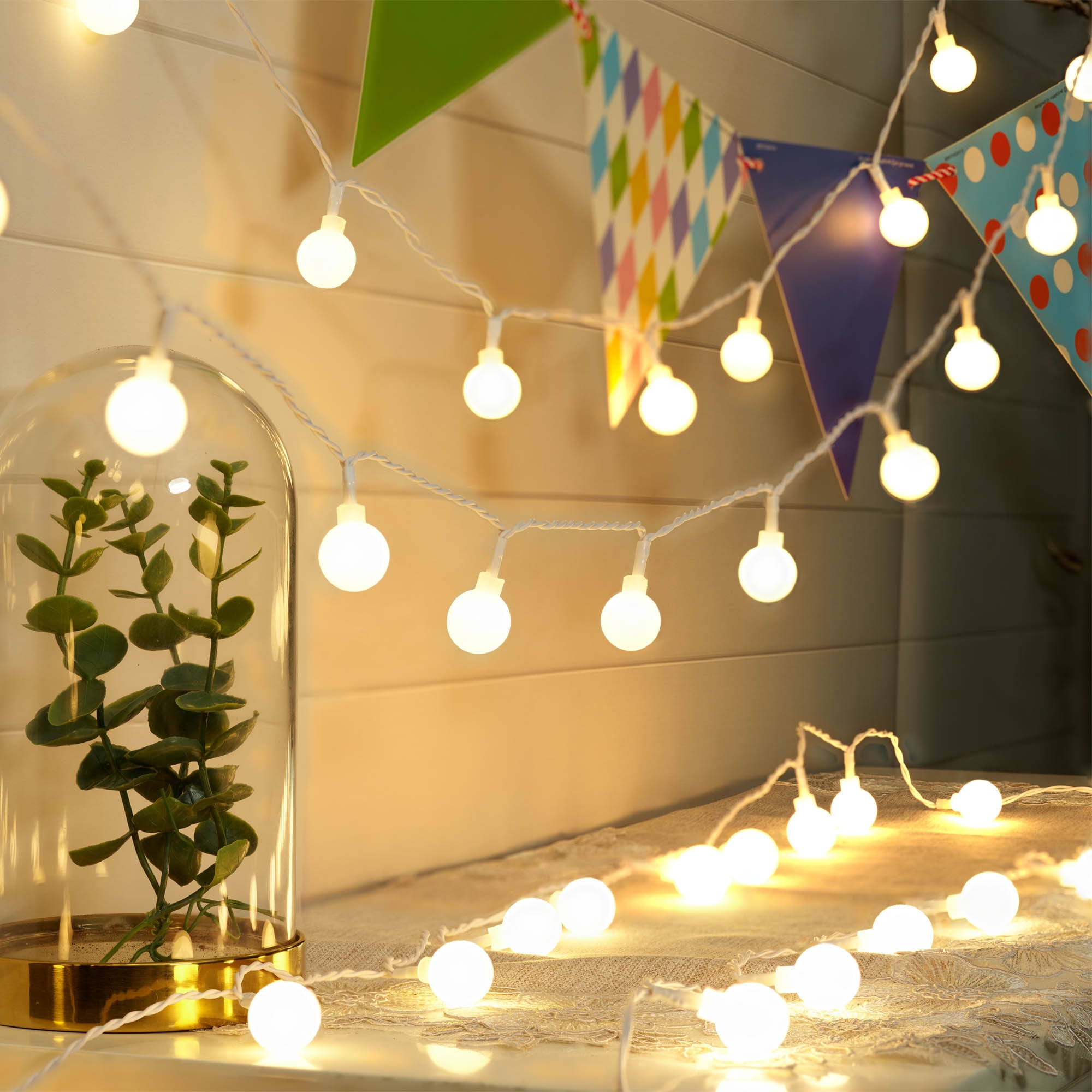 Mainstays Indoor 50-Count LED Globe Lights, Frosted White G20 Globes, AC Adapter, 4.5 V