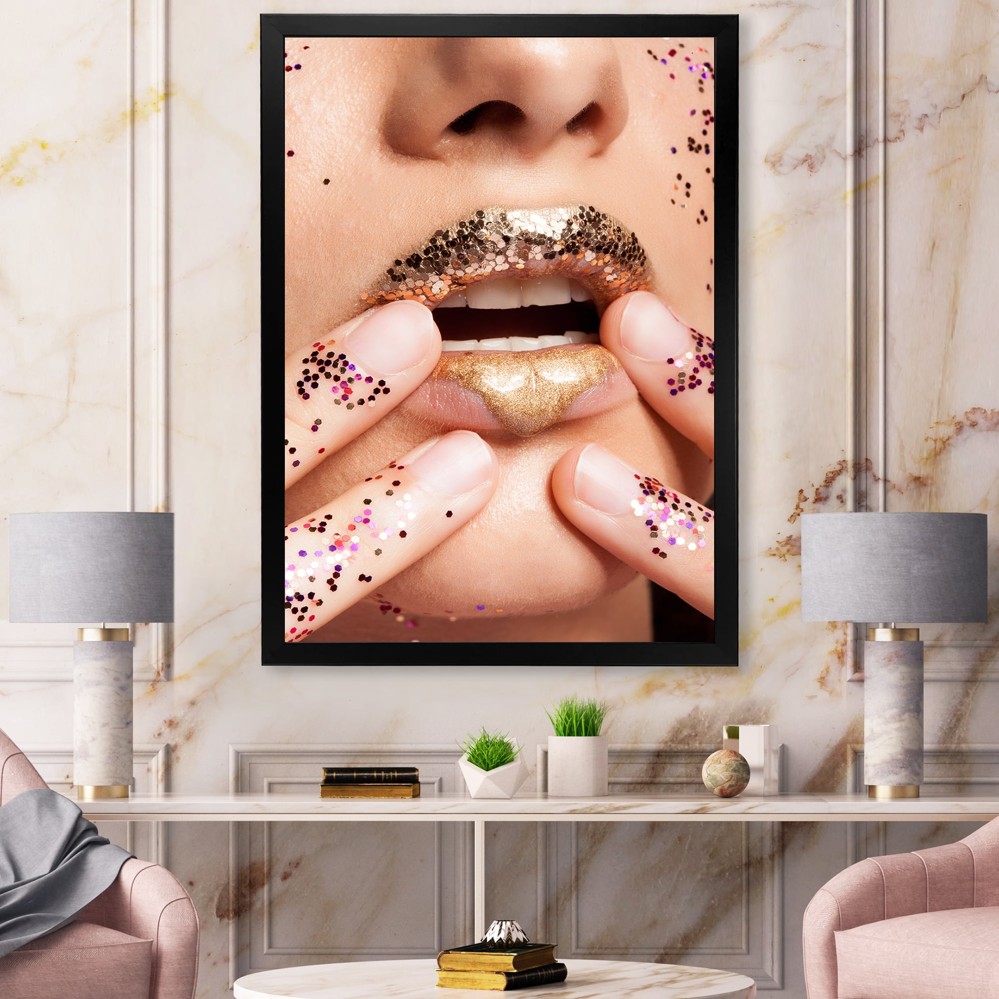Designart 'Female With Golden Lips and Glitter On Her Hands' Modern Framed Art Print