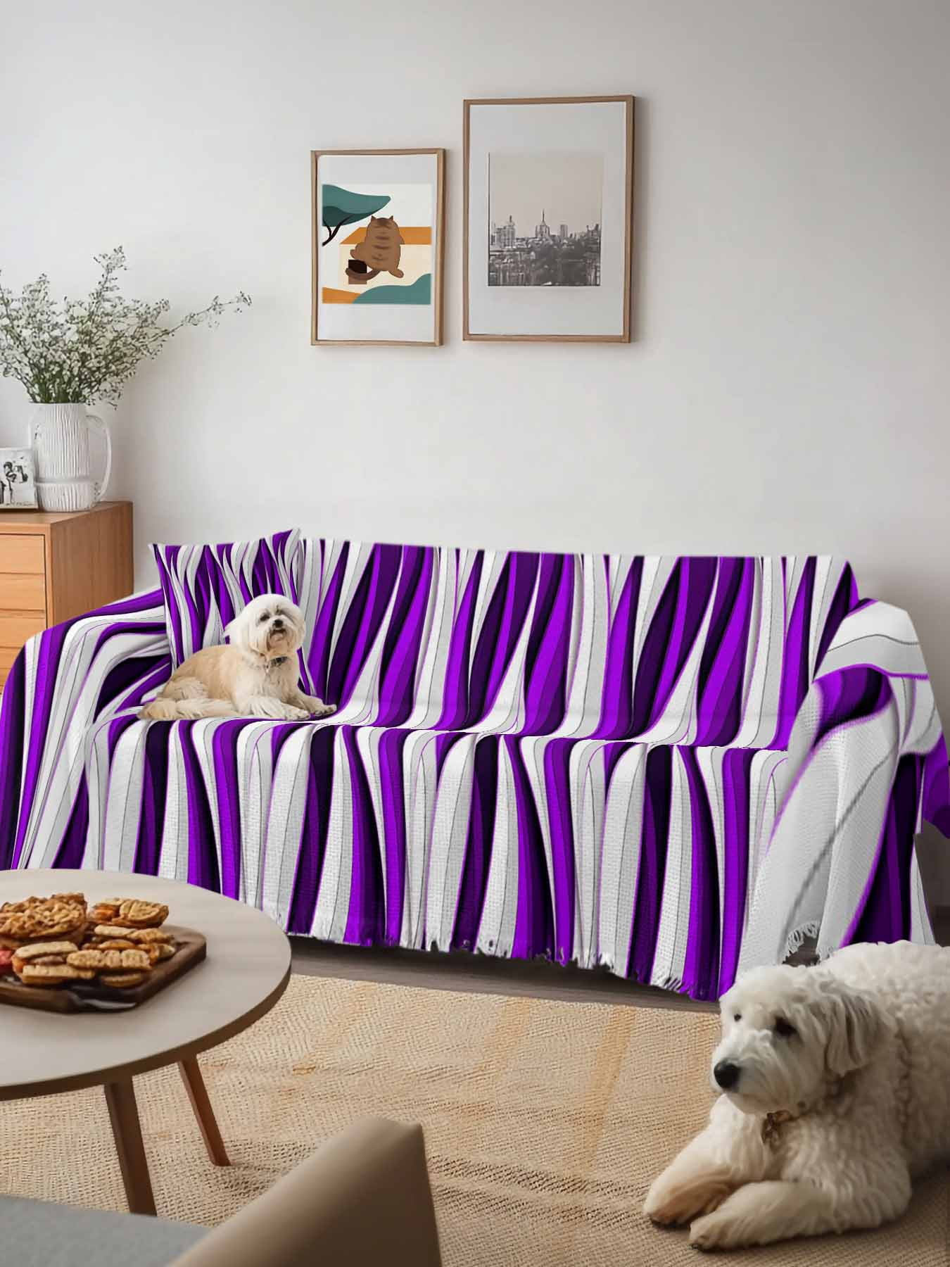 Purple White Moire Couch Cover, Modern Abstract Art Sofa Cover Blanket for 2 Seat Cushion,Sectional Sofa Slipcover Furniture Protector for Living Room Bedroom 71''x102''