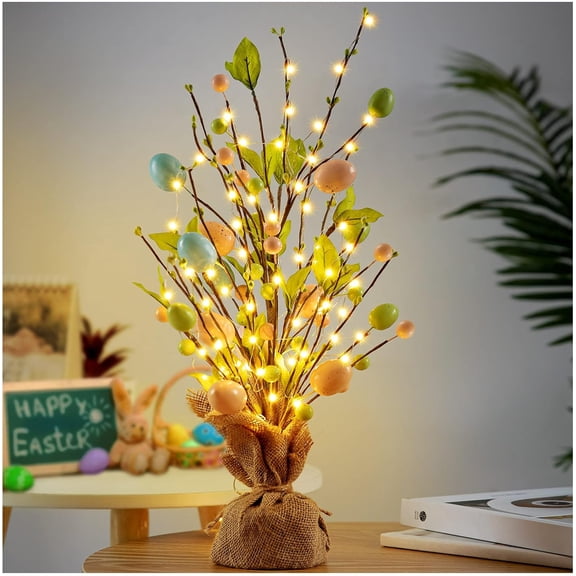 JEWLALO Easter Egg Tree for Table, 18 Inch Pearl Tree Decorations with Eggs Hanging String Lights for Home Party Wedding Holiday Decorations