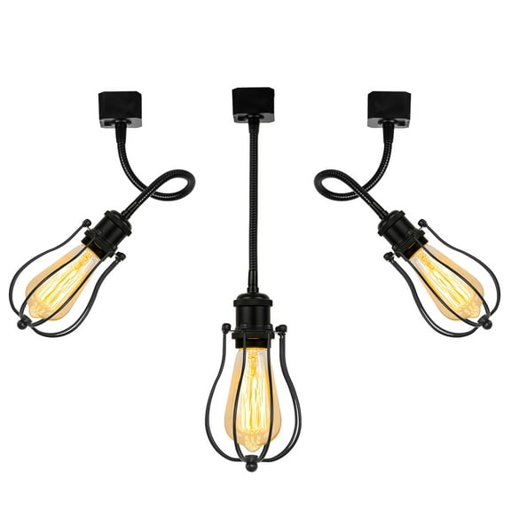 Kiven H Track Pendant Lightning,Adjustable Tilt Angle,Industrial H Track Lighting Heads with Black Iron Cage Shade, 3 Lights for Bedroom Kitchen Home Lighting,E26 Socket