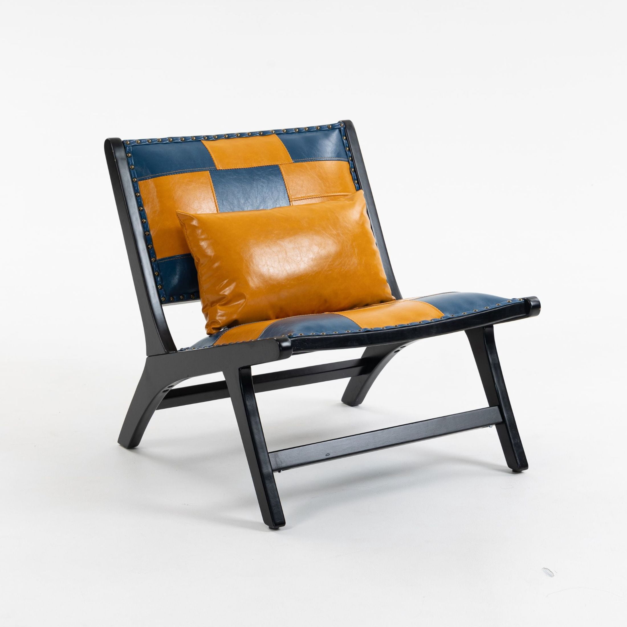 GDF Studio Alida Modern Boho Solid Wood Lounge Chair & Side Chair, PU Leather Upholstered Accent Chair, Blue & Yellow