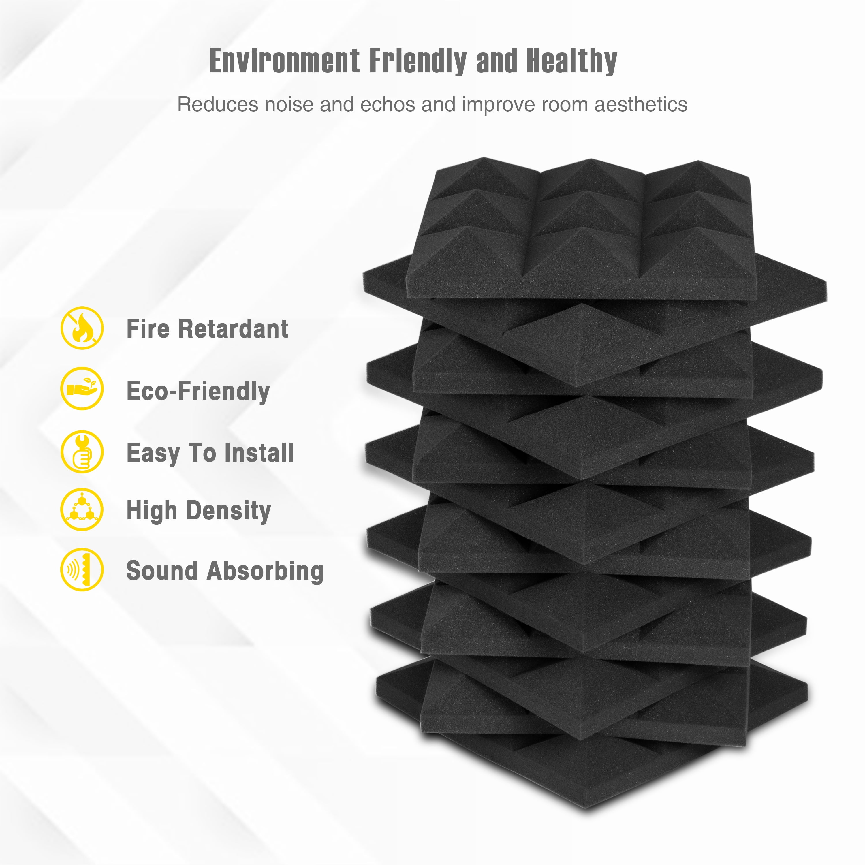 Pyramid Acoustic Foam Panels - 12x12x 2 Inch Thick Sound Dampening Studio  Foam Tiles - 4 Square Feet Per Pack (2 inch thick)