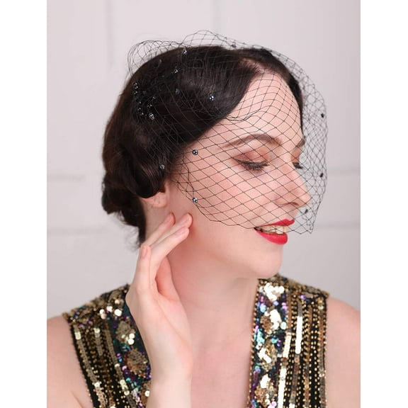 Bridal Short Veil with Pearl Comb 1920s Flapper Fascinator Mesh Birdcage Veil for Wedding (Black)