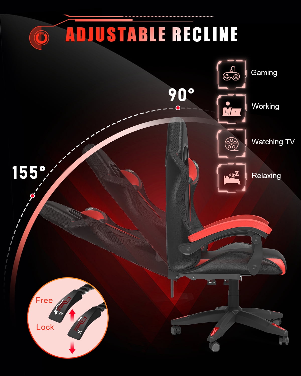 Bigzzia Gaming Chair with LED Lights, Computer Chair with Lumbar Support, Ergonomic High Back Video Game Chair with Swivel Seat and Headrest, Red