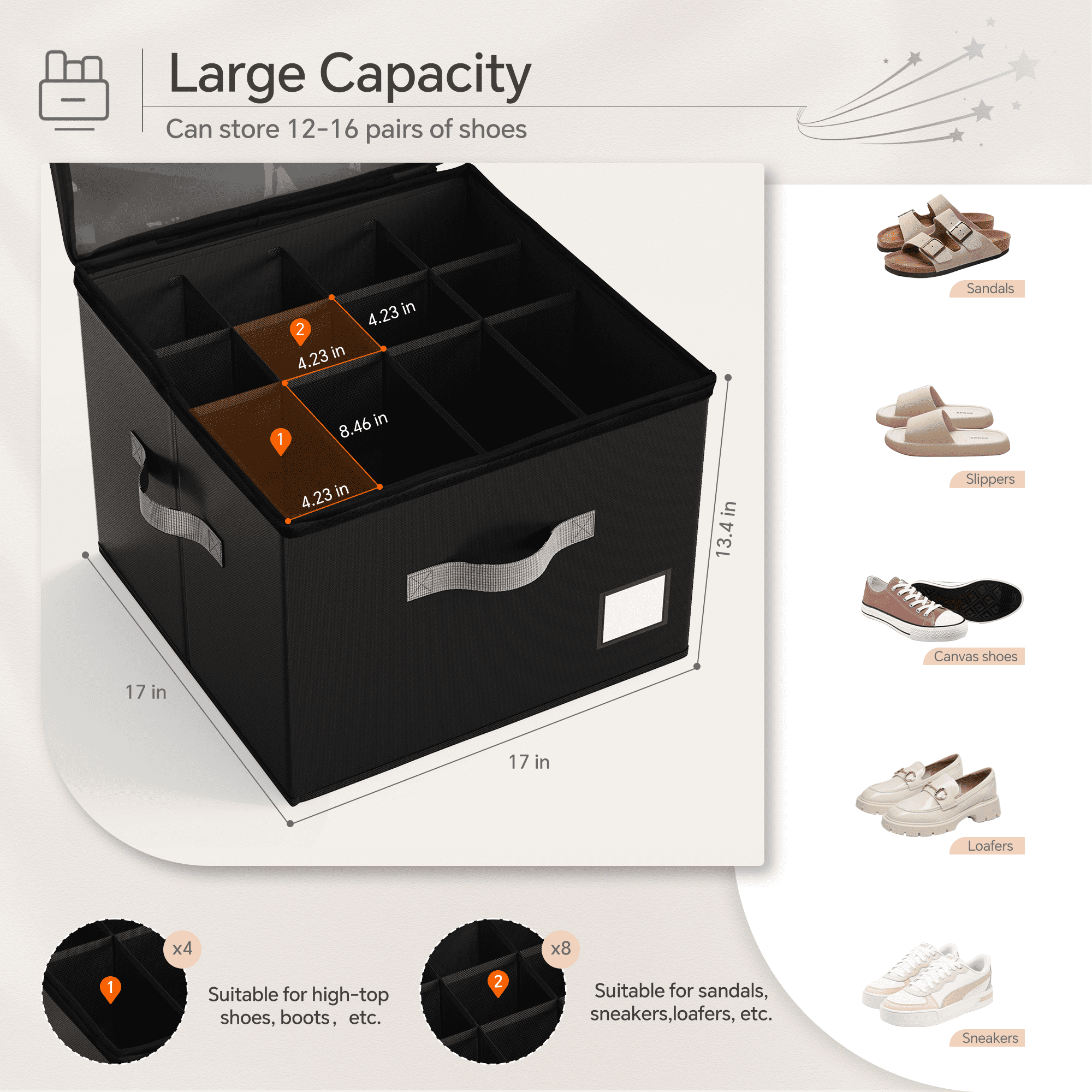 Criusia Shoe Organizer, Closet Shoe Storage for Sneakers Sandals Slippers, Fit 12-16 Pairs, Black