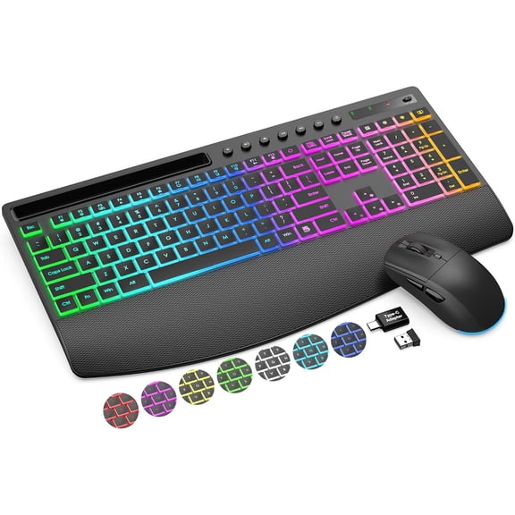 Wireless Keyboard and Mouse Combo, Rechargeable 4000mAh, RGB Backlit, Full Size Keyboard with Wrist Rest & Phone Holder, Quiet 2.4GHz Wireless, USB-A/C for Windows – Black