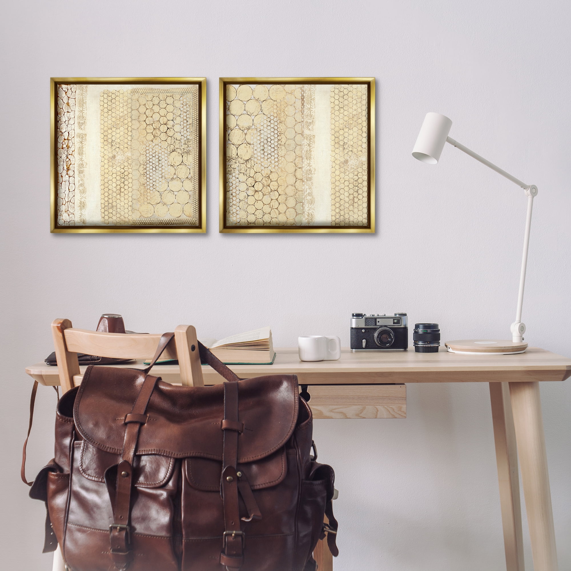 Stupell Industries Distressed Pale Yellow Circles Abstract Painting Gold Floater Framed Canvas Art Print Wall Art, 18 x 18, Set of 2