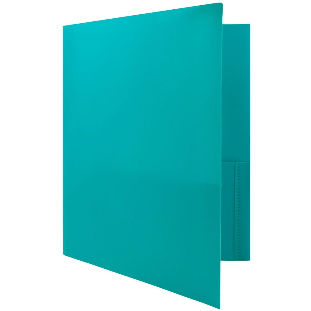 JAM Paper Plastic 2 Pocket POP Folders with Prongs Fastener Clasps, Teal Blue, Bulk 48/Pack