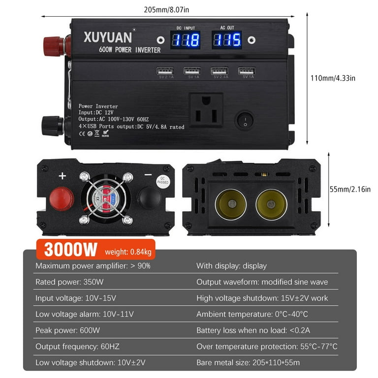  Car Power Inverter, 12V to 110V / 220V Converter, 3000W Power  Inverter Pure Sine, USB 2.1A Charging Ports, Charge Your Laptop Smart Phone  Tablet Consoles & More, Durable Aluminum Body 