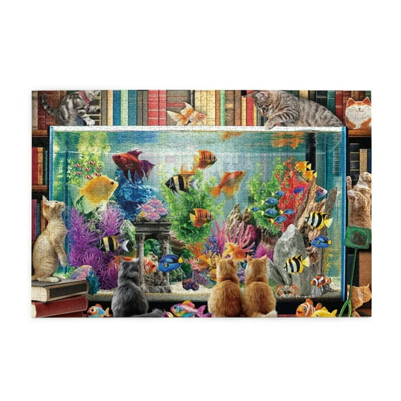 500 piece Vibrant Cats & Aquarium Wooden Jigsaw Puzzle For Adults – Artistic, Challenging, Relaxing Brain Exercise, Great Gift Idea & Home Decor