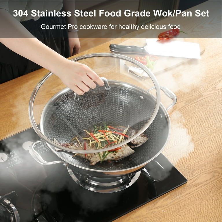 13.4-Inch Stainless Steel Wok Honeycomb Frying Pan With Glass Lid