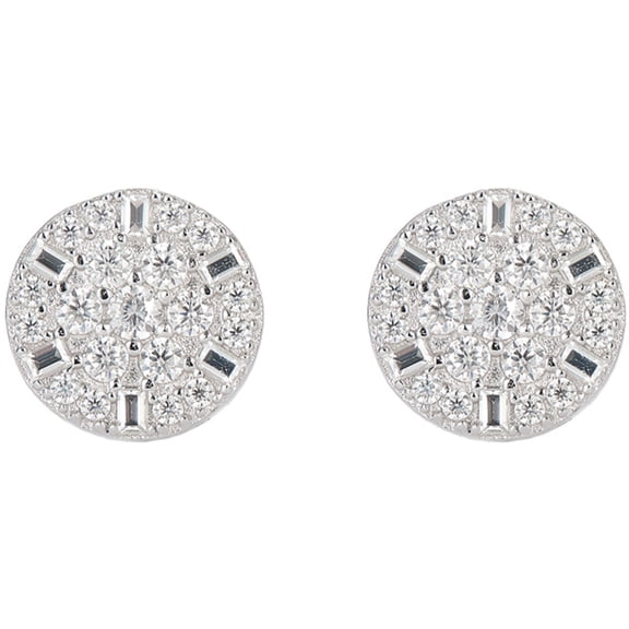 KIJ 0.48 Carat Round Moissanite Stud Earrings, Baguette Round Mix Cluster 14K White Gold Plated 925 Sterling Silver Hypoallergenic Gifts for Men Women