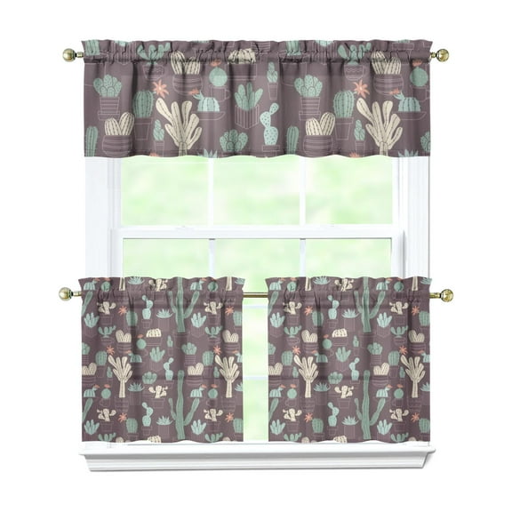 Kitchen Curtains 24 Inch Short - 3 Panel Set, Rod Pocket Window Curtain with Boho Cactus and Succulent Art, 100% Polyester for Farmhouse, Cafe, Kitchen, Bedroom, Easy Wash