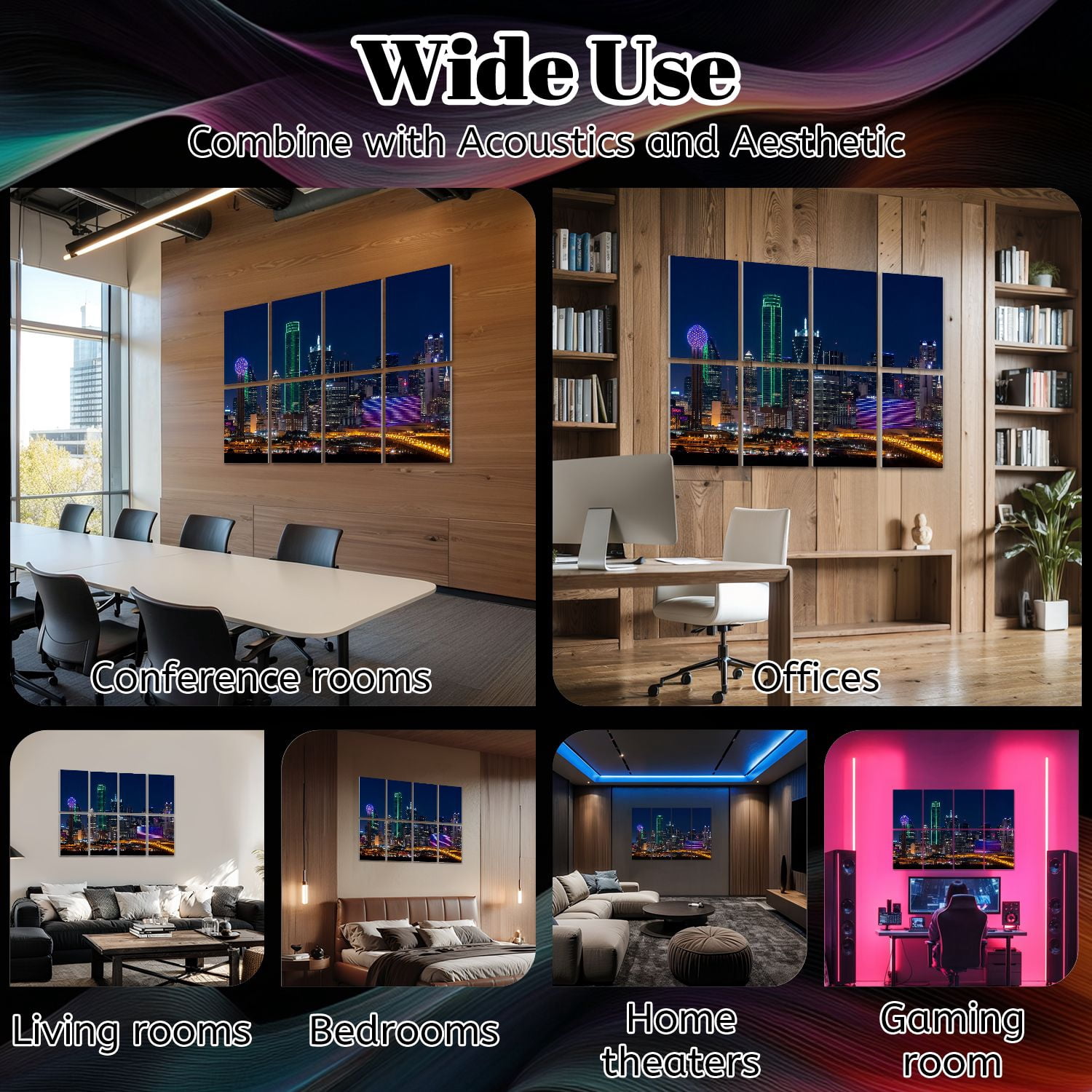 8 Pack Art Acoustic Panels Sound Absorbing Skyline Dallas Texas Decorative Soundproof Wall Panels Self Adhesive for Nursery Game Room Bedroom 48"x32"