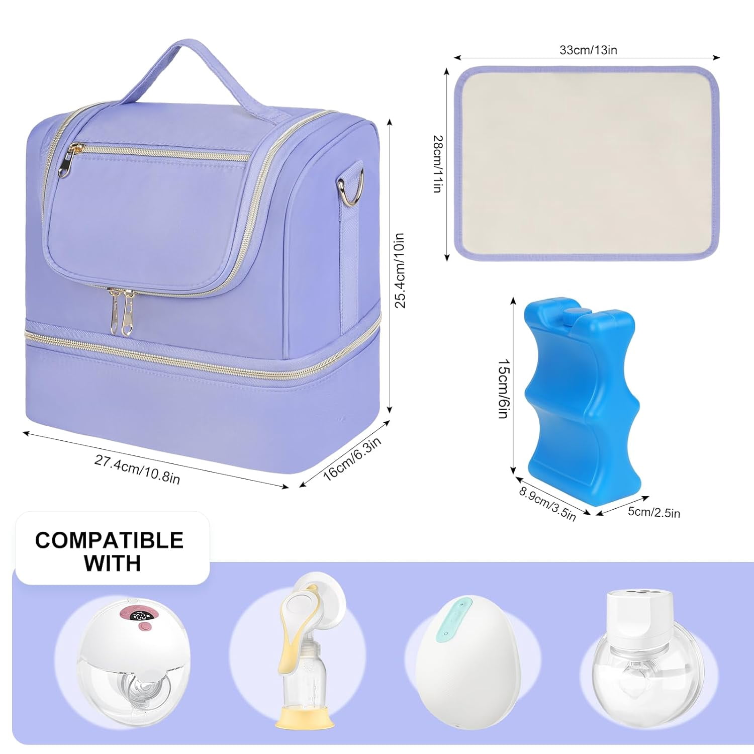 Wearable Breast Pump Bag with Cooler Compartment Fits for Willow/Elvie/Momcozy M5/S12 Pro/Medela, Breast Milk Travel Tote Bag with Ice Pack & Waterproof Mat,Purple