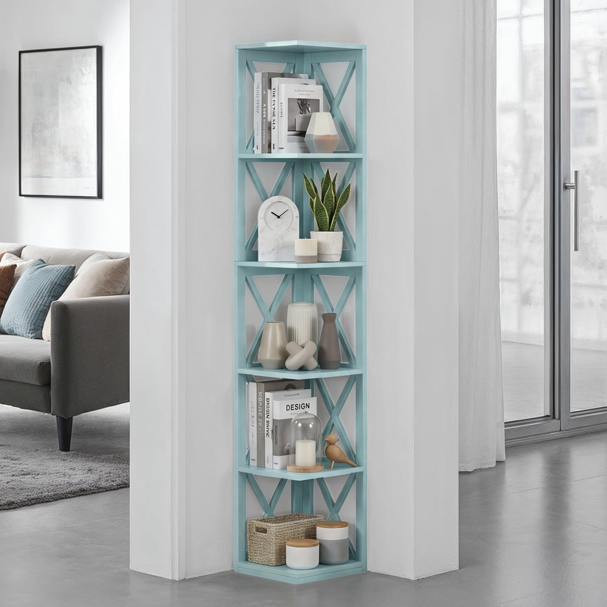 Convenience Concepts Oxford 5 Tier Corner Bookcase, Sea Foam Blue