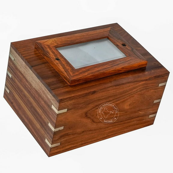 Rosewood Brass Inlaid Wooden Cremation Urns for Human Ashes Adult - Handcrafted Photo Funeral Memorial Ashes Urn - Large Columbarium (Natural RW, 250 Cubic Inches)