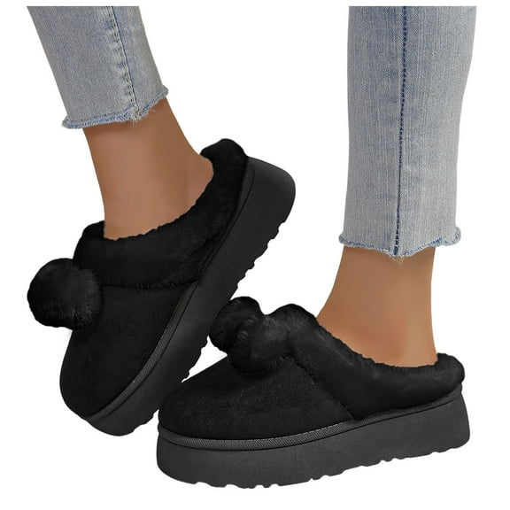 Cloud Slippers for Women 2025 Winter Warm Fuzzy Platform House Shoes Pompom Fleece Lined Plush Bedroom Slides Fashion Casual Cozy Indoor and Outdoor Slip on Black Size 6.5