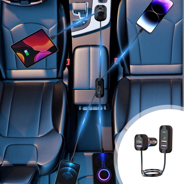 Car Charger 75W 5-Port Fast Charging Adapter | PD QC USB-A USB-C Output | 30W Maximum Per Port | 5FT Extension Cable | Rear Seat Clip | Digital Display | Smart Protection | Universal 10-32V