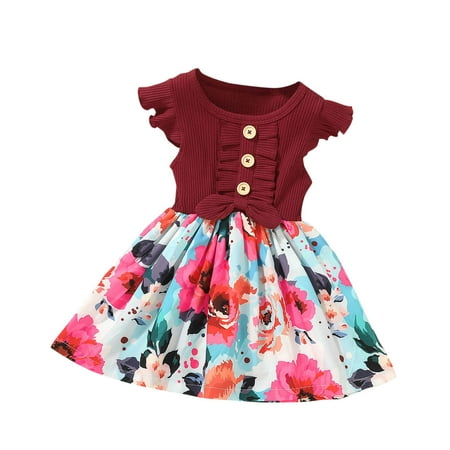 

Little Girl Dress Baby Bow Flower Floral Sleeve Kids Girl s Casual Ribbed Princess Fly Toddler Girls Skirt