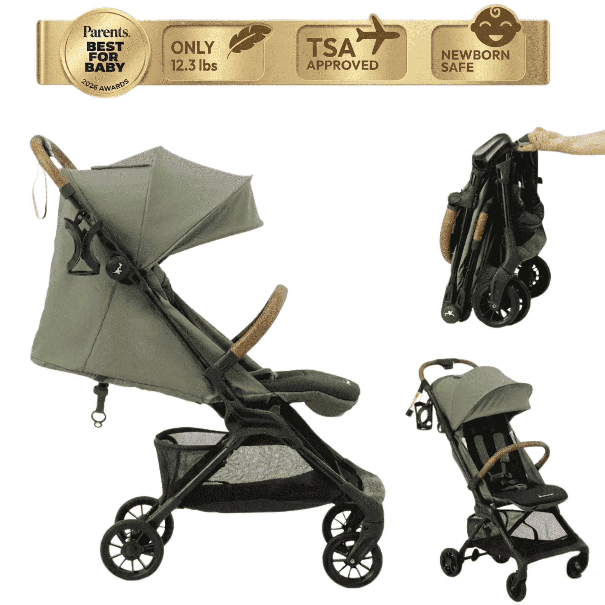 BabbleRoo Hoplite Lightweight Travel Stroller - Compact Fold, Airplane Friendly, 12.3 lbs, Seaweed Green