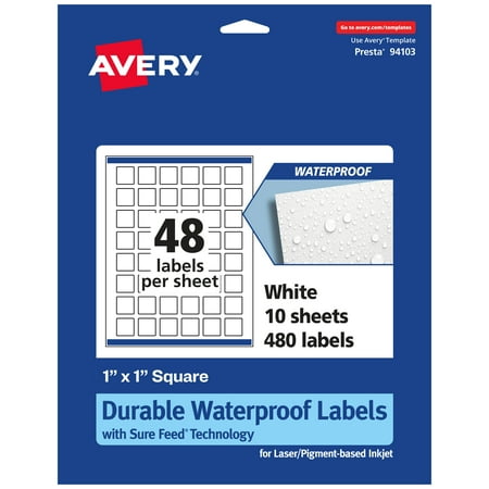 UPC: 0194793907711 | Avery Durable Waterproof Square Labels with Sure Feed  1  x 1   480 Oil and Tear-Resistant Waterproof Labels  Print-to-the-Edge  Laser/Pigment-Based Inkjet Printable Labels