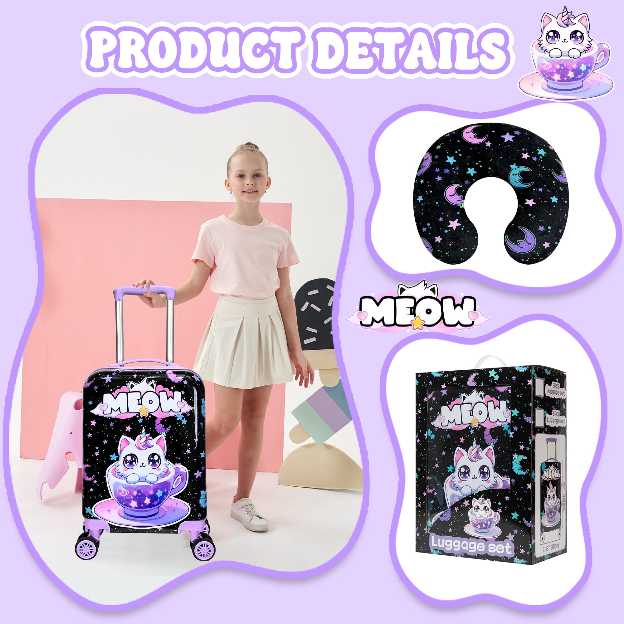 Kids Carry on Luggage Sets for Girls Rolling Small Suitcases with Wheels Travel Essentials for Kids with Travel Pillow 16 Inch Purple Cat
