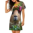 thumbnail image 2 of Pofeuu Flower Crown Guinea Pig Print Women's Loose Fit Short Sleeve Nightgown, Comfortable Sleep Dress for Women, Casual Lounge Sleepwear, Soft Cotton Sleep Dress, 2 of 6