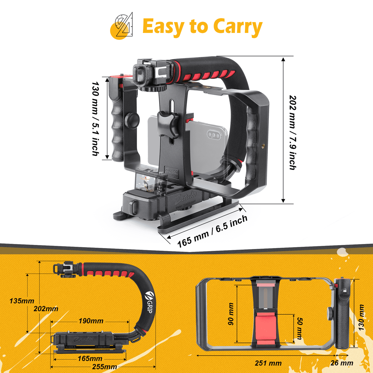 Zeadio Handheld Camera Stabilizer with Smartphone Grip, Compatible with DSLR, Camcorders, Action Cameras, Smartphones