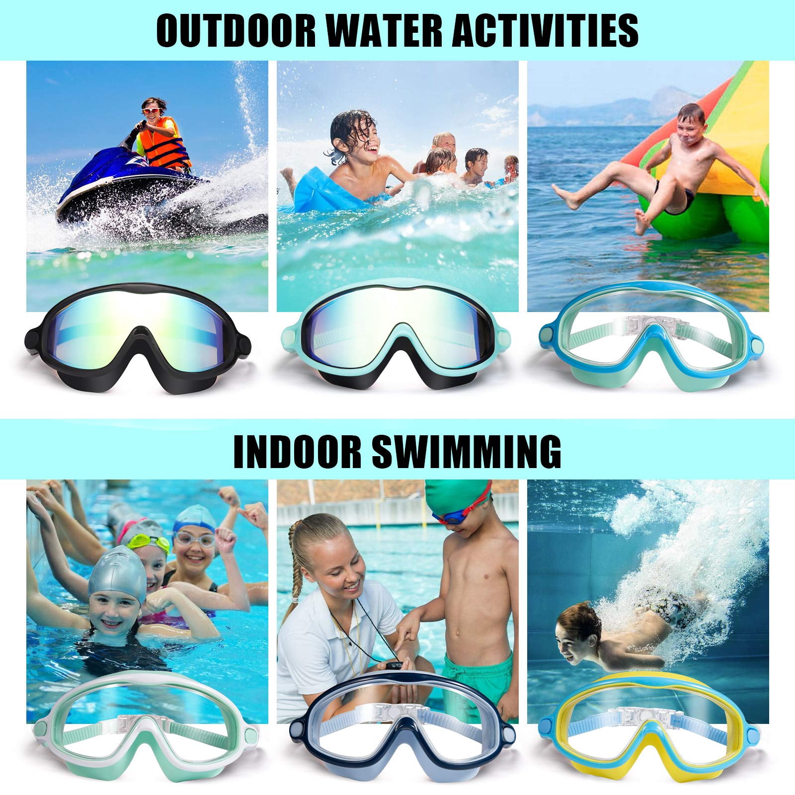 Swim Goggles 2 Pack, Kids Swimming Goggles with Earplugs&Nose Clip Wide View Anti-Fog/UV