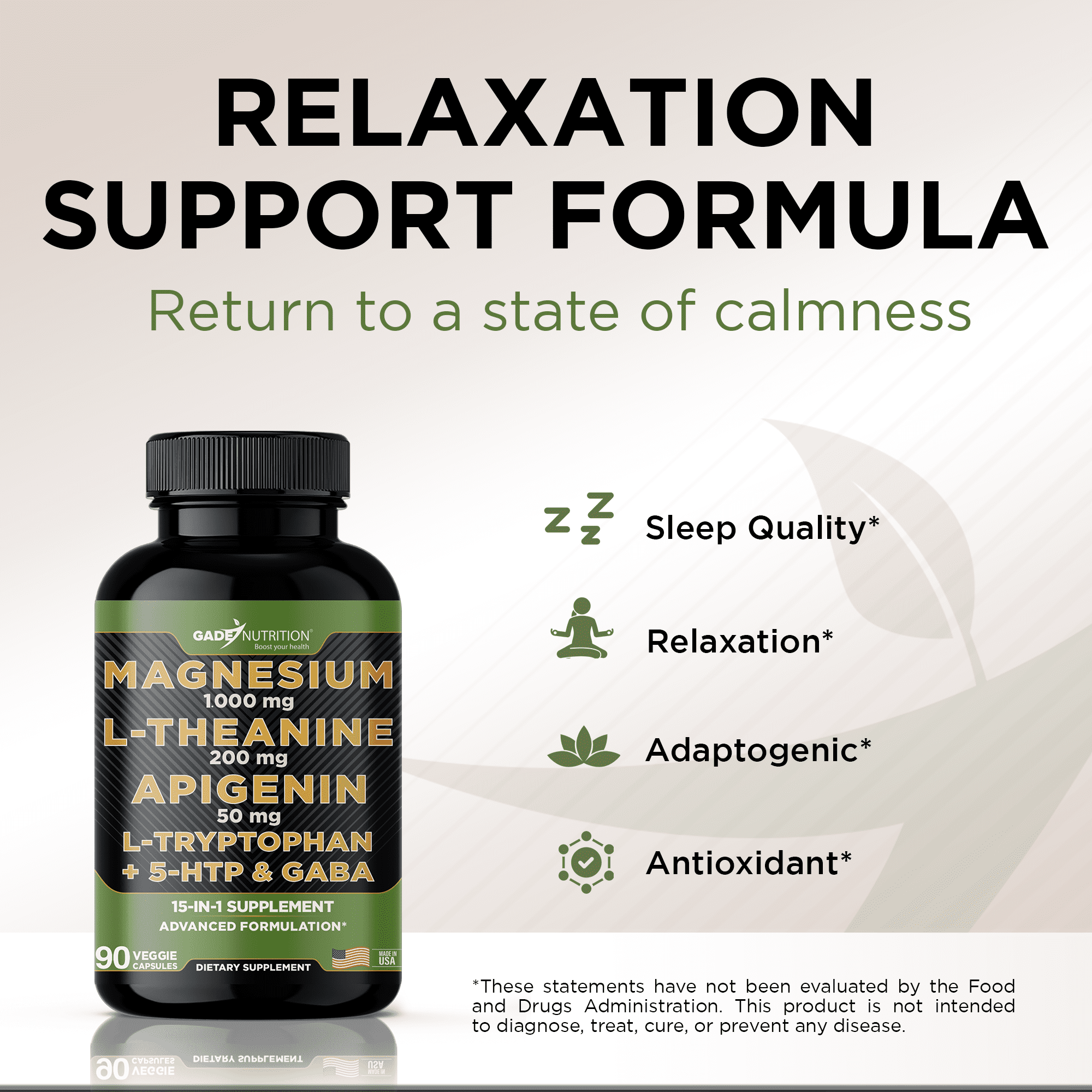 Gade Nutrition Magnesium 1,000 mg with L-Theanine, Apigenin, L-Tryptophan, 5HTP & GABA