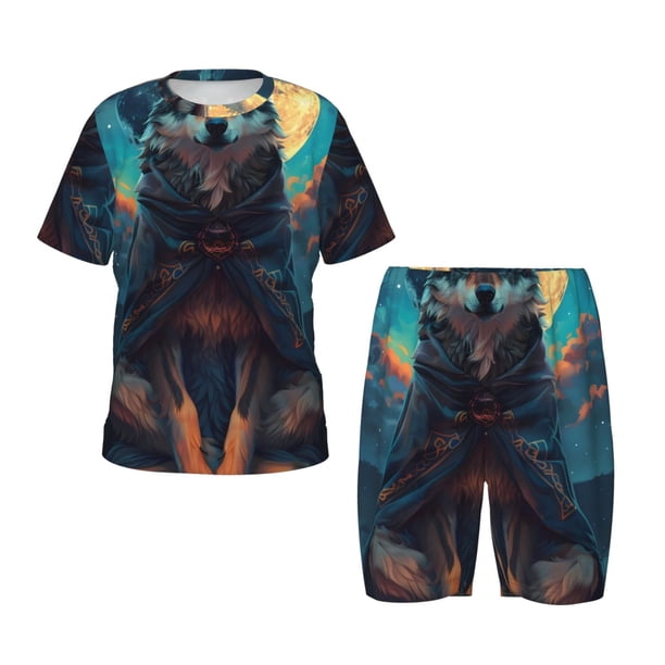 Balery Starry Sky Moon Wolf Leader Conjunto de Pijama Infantil de Manga Corta con Estampado – Ropa de Dormir de Algodón Suave-X-Large