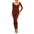thumbnail image 1 of SUNSIOM Women's Long Sleeve Unitard Jumpsuit Bodycon Front Ruched Deep V Neck Stretchy Long Romper Clubwear for Spring Fall, 1 of 6
