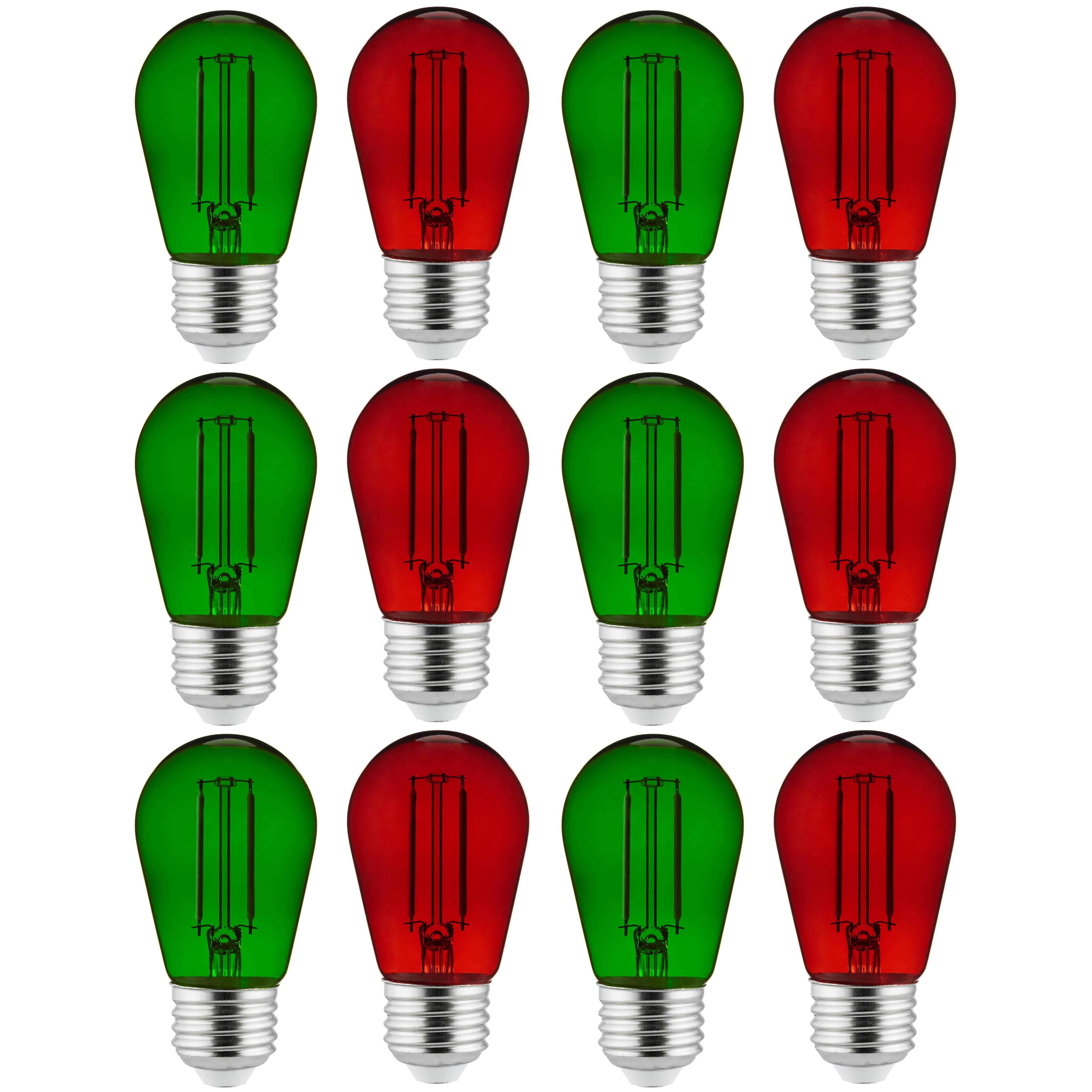 Sunlite LED Decorative Christmas Holiday Light Bulbs, S14 Filament Style, 2 Watt (25W Equivalent), Dimmable, Red and Green, 12 Pack