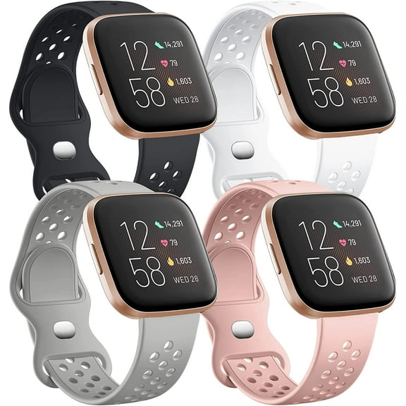 4 Pack Compatible with Fitbit Versa/Versa Lite/Versa 2 Band, Breathable Replacement Wristbands Soft Silicone Sport Bands for Versa 2 Smart Watch for Women Men, Small, Black/White/Gray/Pink