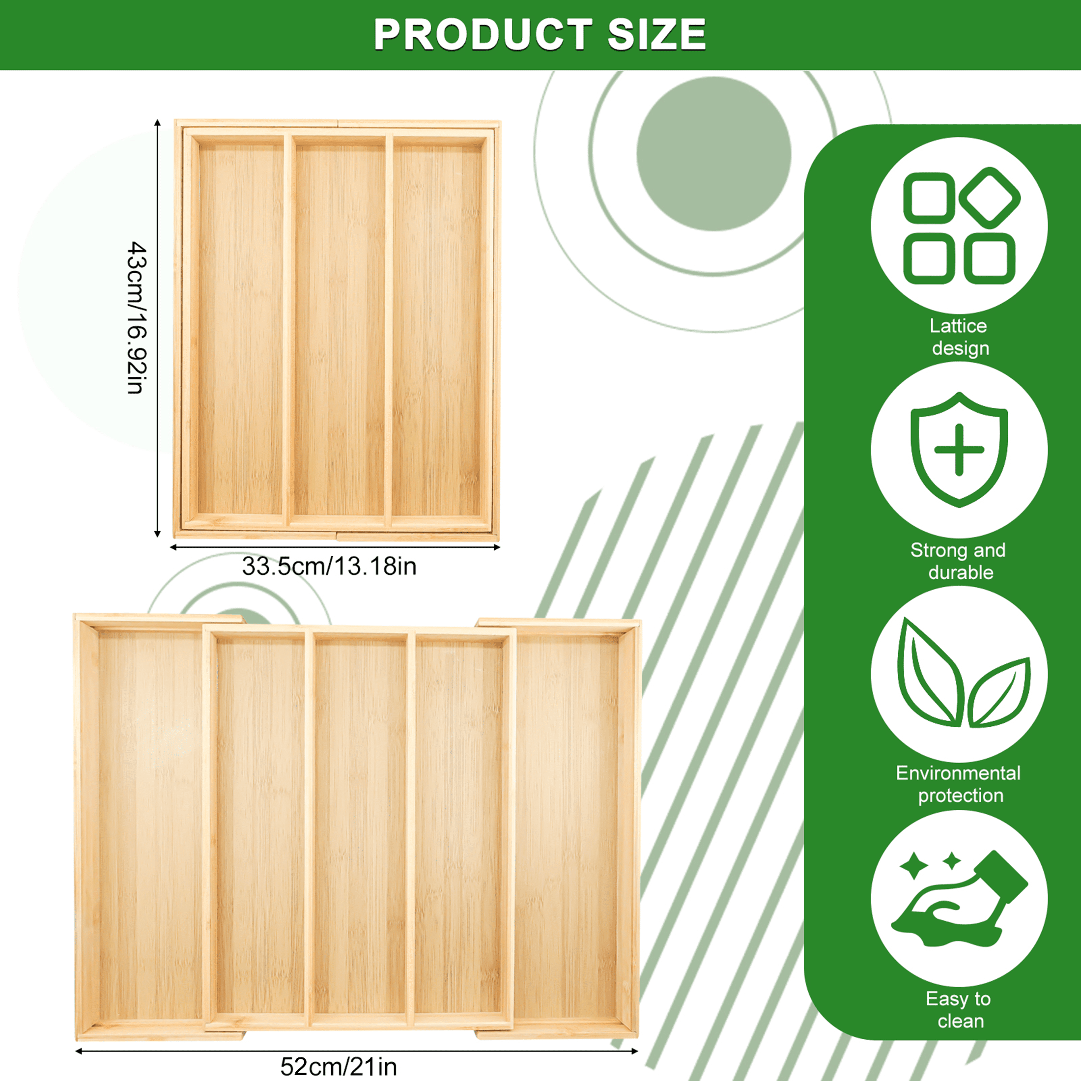 SPOKKI Bamboo Adjustable Kitchen Utensil Organizer, 17" x 21" Silverware Tray with Drawer Dividers, Natural Bamboo Flatware Holder for Kitchen and Home Use (3-5 Slots)