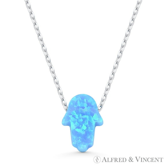 Lab-Created Opal 11x8mm Hamsa Hand Luck Charm Pendant & Chain Necklace in .925 Sterling Silver