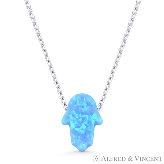 Lab-Created Opal 11x8mm Hamsa Hand Luck Charm Pendant & Chain Necklace in .925 Sterling Silver
