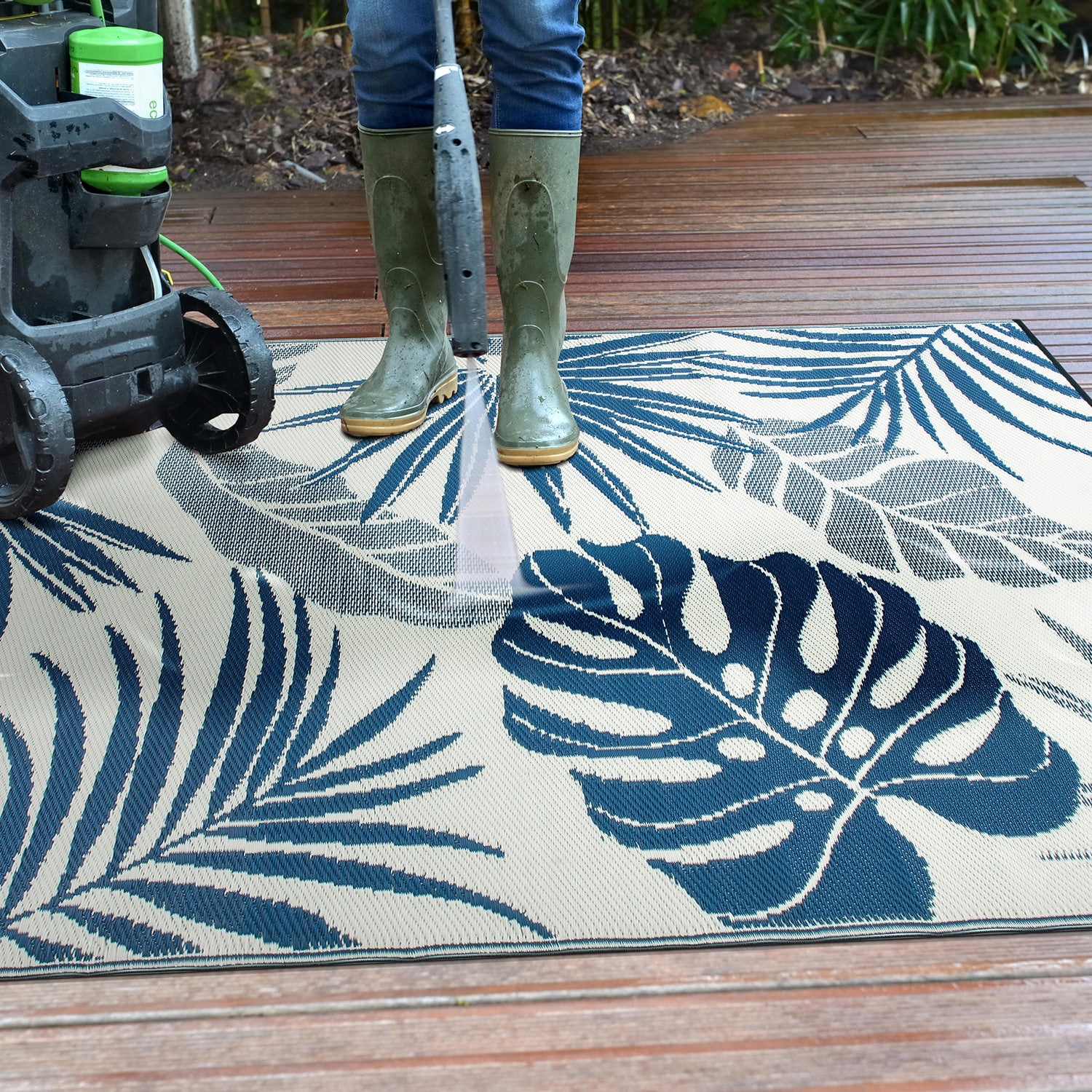 World Rug Gallery Tropical Floral Leaf Reversible Recycled Plastic Outdoor Picnic Mat, Camping Rug, RV Rug - NAVY 5'x7'