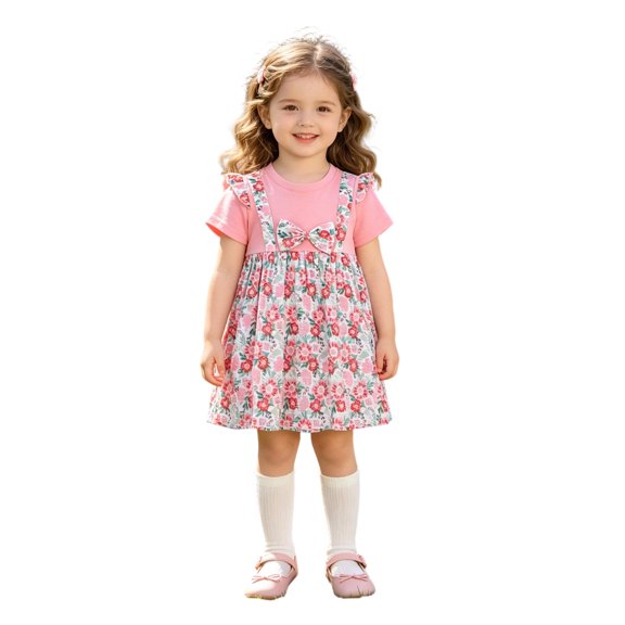 MEZZALL Fashionable Girls Dresses Cartoon Bow Dress Round Neck Casual Summer For Toddler Kids Breathable Sundress