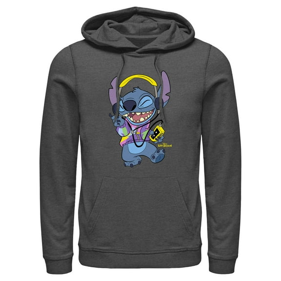Men's Lilo & Stitch Cool Headphones Stitch Pull Over Hoodie Charcoal Heather 2X Large
