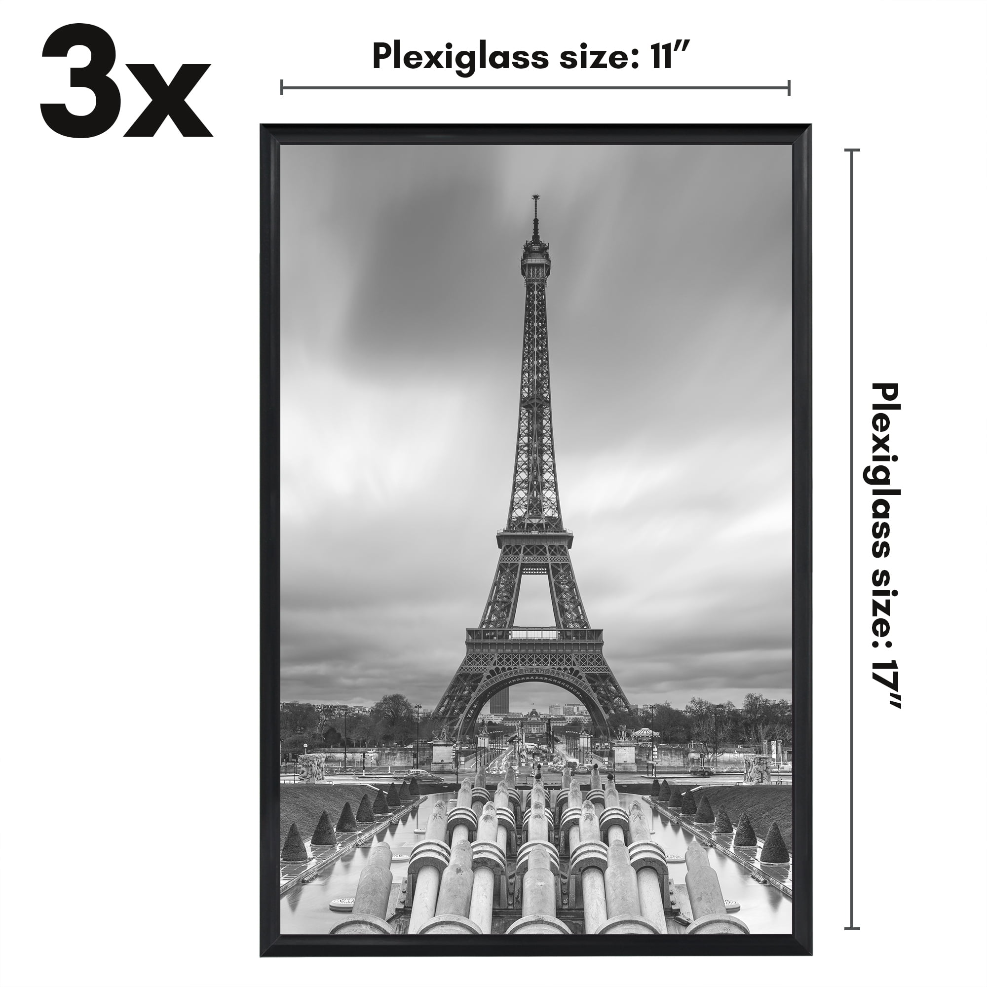 Americanflat 11x17 Picture Frame 3 Pack Polished Front Cover Slide Photo Buildable Molding Fusion - Black