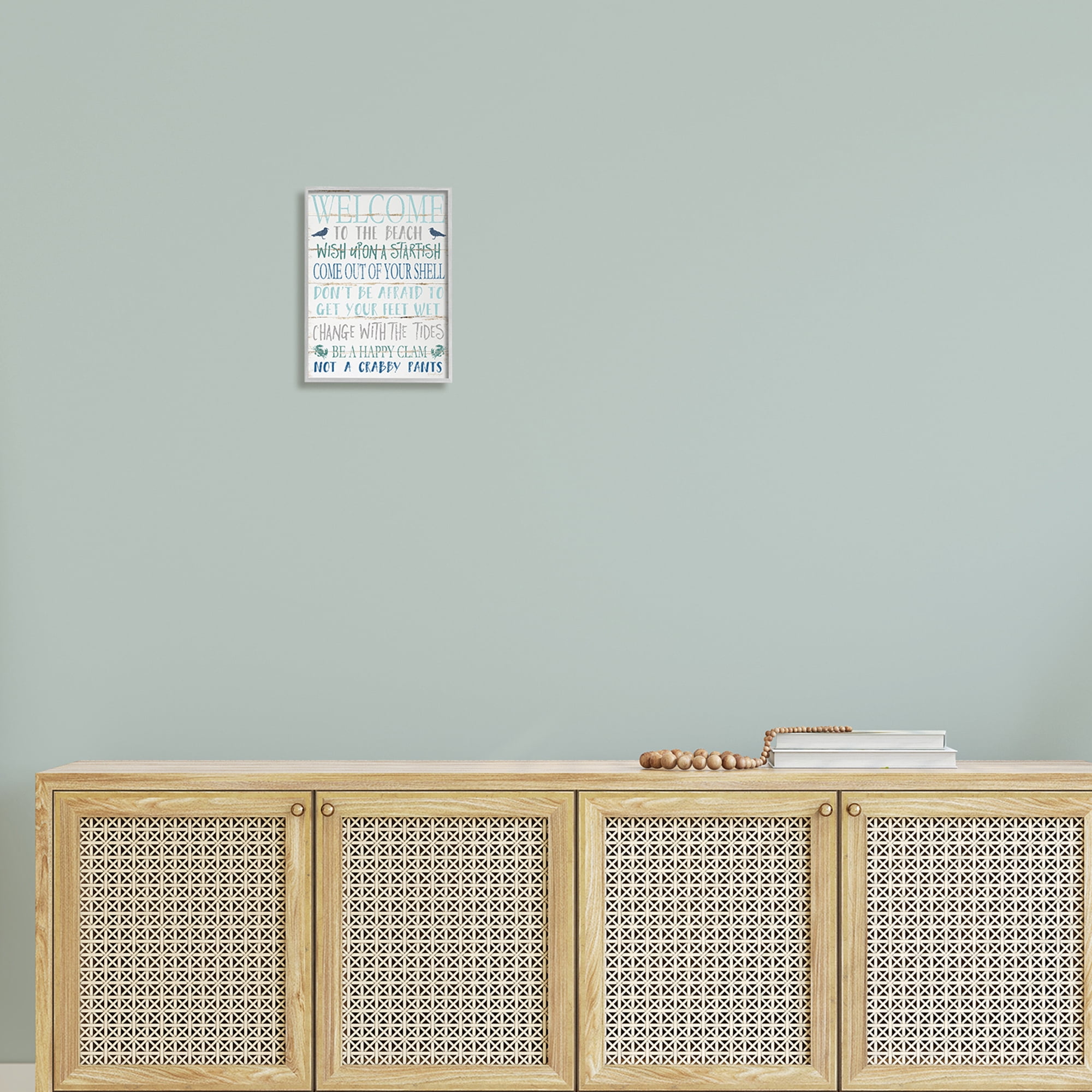 Stupell Industries Welcome to the Beach Blue Aqua and White Planked Look Sign Graphic Art Framed Art Print Wall Art, 11x14, By Jennifer Pugh