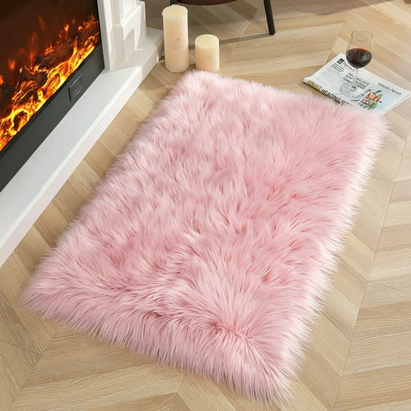 Ghouse Rectangular Pink Area Rug 2x3 feet, Thick and Fluffy Faux Sheepskin Machine Washable Rectangular Plush Carpet, Faux Sheepskin Rug for Living Room, Bedroom, Kids Room