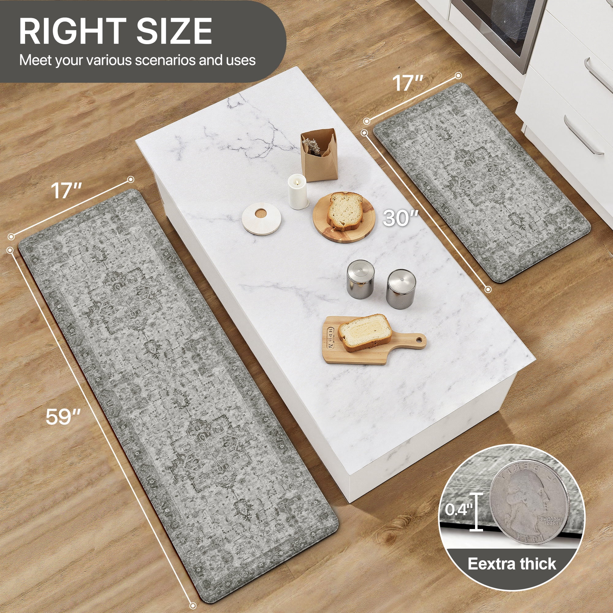 KUETH Kitchen Mats for Floor, Kitchen Rug with Anti Fatigue, Non Slip Washable Kitchen Rug, Set of 2 Kitchen Mat 17"x59"+17"x30", Runner Rug with Waterproof for Bathroon and Bedroom