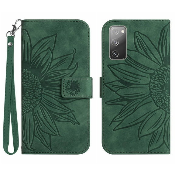 Mantto for Samsung Galaxy S20 FE 6.5 inch Wallet Case with Wrist Strap,Stylish Sunflower Embossed PU Leather Shockproof Protective Magnetic Clasp Flip Kickstand Card Slots Phone Cover,Green